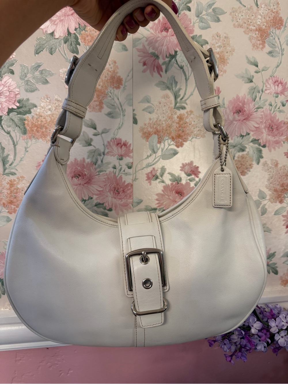 Coach White Leather Shoulder Hobo with Buckle Accent